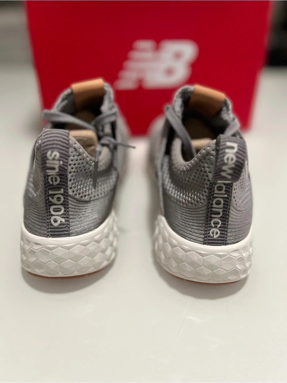New Balance Men’s Grey Knit Sneakers with Tan Accent